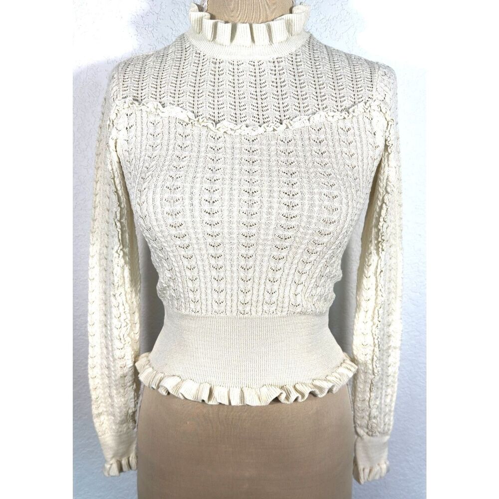 Ivory Pointelle Sweater XS Ruffle Mock Neck Coquette Cottagecore Industry Womens